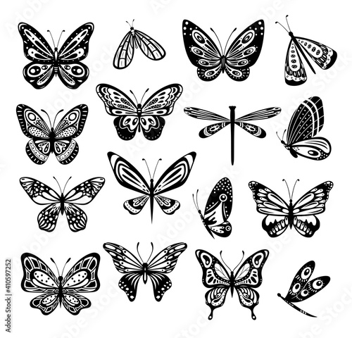 Butterfly. Silhouette icons set of spring butterflies.Carve collection. Stencil butterfly, fireflies, moth wings, flying insects isolated on white background. Hand drawn element for web, tattoo sketch © MaryDesy