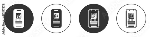 Black Online ticket booking and buying app interface icon isolated on white background. E-tickets ordering. Electronic train ticket on screen. Circle button. Vector.