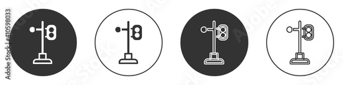 Black Train traffic light icon isolated on white background. Traffic lights for the railway to regulate the movement of trains. Circle button. Vector.