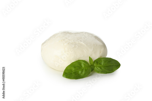 Mozzarella cheese and basil isolated on white background