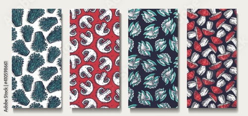Trendy seamless mushrooms patterns. Set of fungi vegan food backgrounds. Endless texture with boletus and champignon for wallpaper
