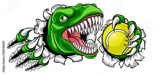 A dinosaur T Rex or raptor tennis player cartoon animal sports mascot holding a ball in its claw