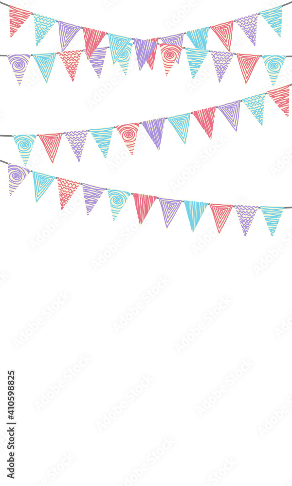 Party decorating concept with pastel pennants hanging above. Vector illustration with copy space for your text. Greeting or Party invitation with carnival flag garlands.