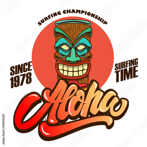 Aloha. Surfing championship. Emblem template with tiki idol. Design element for poster, card, banner, sign, emblem. Vector illustration