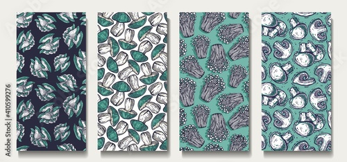 Trendy seamless mushrooms patterns. Set of fungi vegan food backgrounds. Endless texture with boletus and champignon for wallpaper