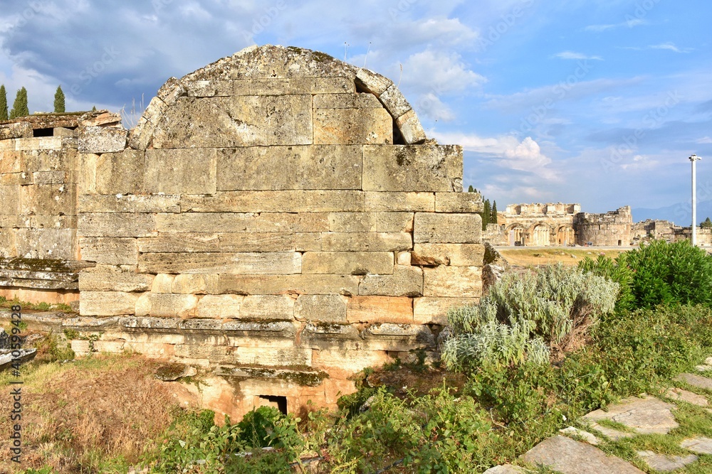 Hierapolis ancient city Pamukkale Turkey. Cotton castle in Turkey, Denizli Province. UNESCO world heritage in Turkey. Ruined ancient city in Europe. Turkey tourist attraction