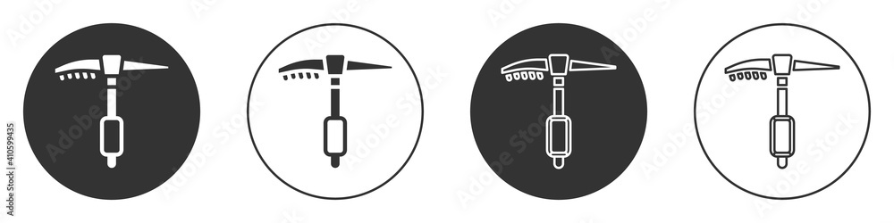 Black Ice axe icon isolated on white background. Montain climbing equipment. Circle button. Vector. Black Ice axe icon isolated on white background. Montain climbing equipment. Circle button. Vector.