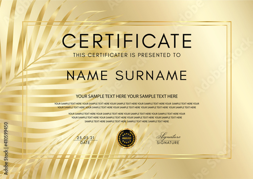 Certificate with gold palm leaf (branch) on golden background and golden black medal. Luxury exotic design layout template useful for diploma, gift certificate