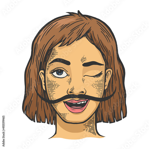 Happy young winking woman with long mustache color sketch engraving vector illustration. Scratch board style imitation. Hand drawn image.