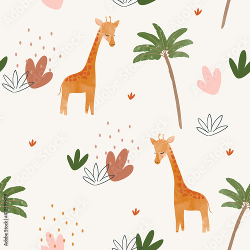 Cute baby giraffe seamless pattern illustration for children. Bohemian watercolor boho forest giraffe drawing, vector illustration. Perfect for nursery posters, patterns, wallpapers.
