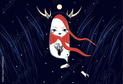 Beautiful witch in mantle and animal horns. Mystic illistration of magician female in night