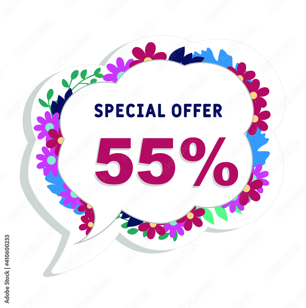 Fototapeta premium Spring sale background with 55% discount. Discount offer price tag. Special spring sale with flowers and leaves . Set of sale banners. Isolated Background. Banner, flyer, invitation, poster, brochu