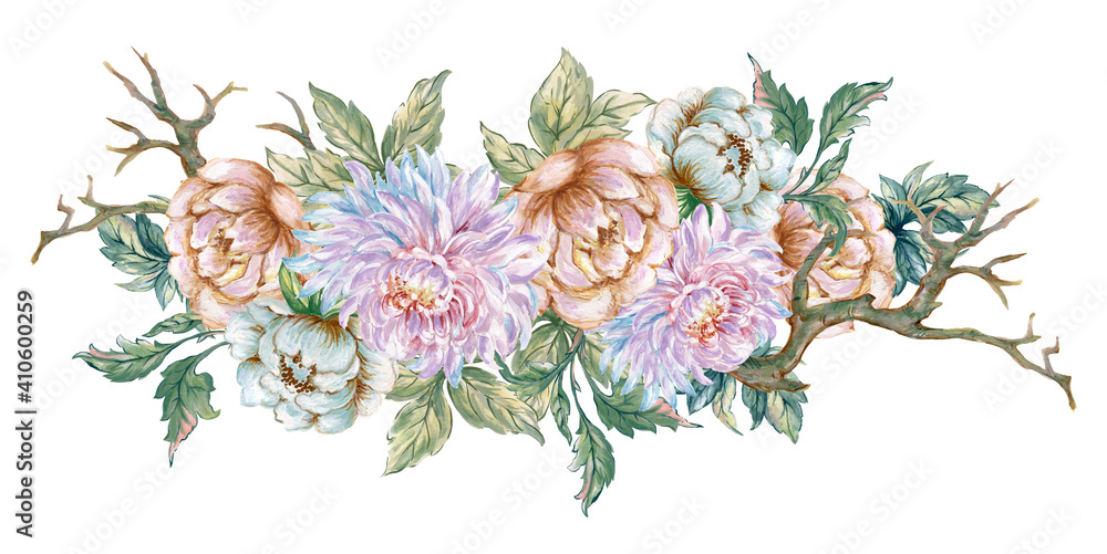 Watercolor Illustration bouquet  peonies Chrysanthemum Blossom green leaves foliage dry wood oriental style for invitation frame border card