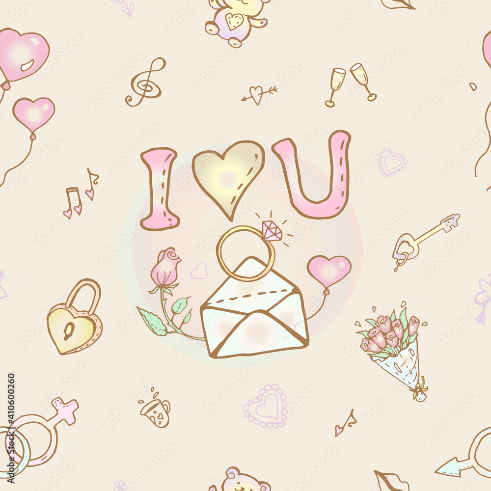 Сartoon-style seamless pattern for St Valentine's Day or for the wedding. I Love You. Сartoon-style seamless pattern for St Valentine's Day or for the wedding. I Love You.