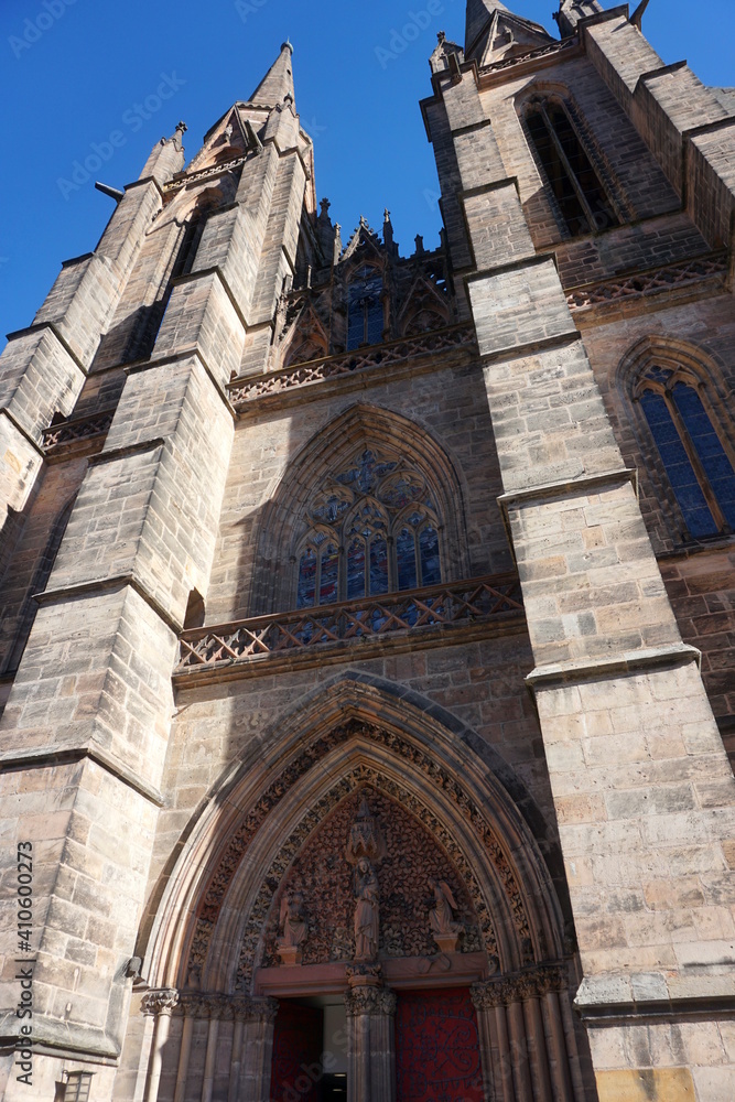 the front of the St. Elizabeth Church in Marburg, Hessen, Germany, February