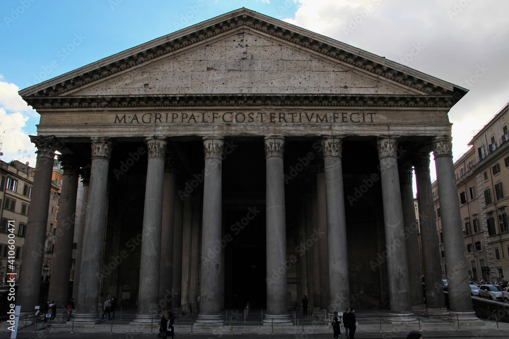 Pantheon in Rome exterior front view.