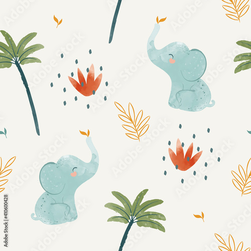 Cute baby elephant seamless pattern illustration for children. Bohemian watercolor boho forest elephant drawing, vector illustration. Perfect for nursery posters, patterns, wallpapers.