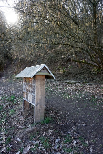 a birdseed house next to a hiking trail in Marburg at the Hebronberg, Hessen, Germany, February