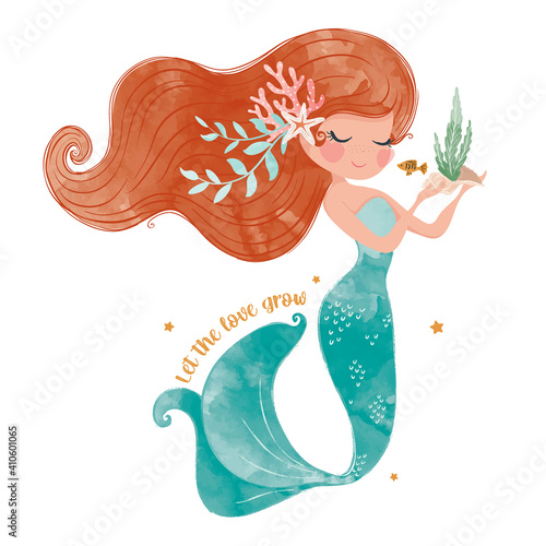 Cute mermaid illustration in watercolor boho style, vector graphic for kids fashion, boho sea life.