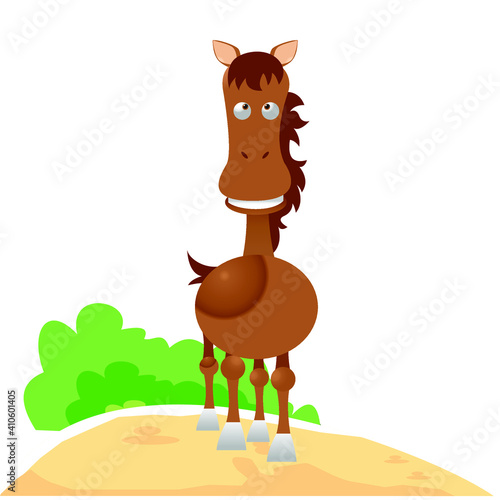 cute brown horse standing on a little hill is suitable for design and print on all media, vector cartoon designs