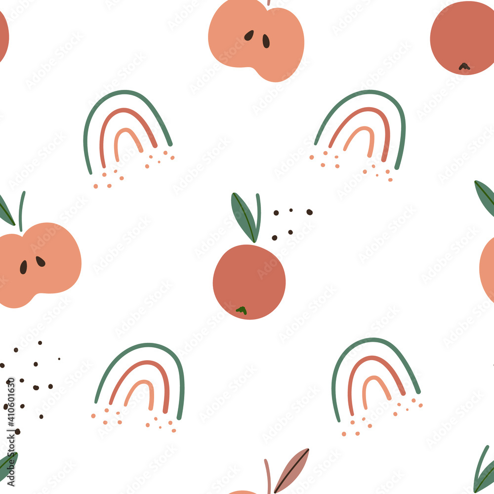 Kids boho seamless pattern for textile, wrapping paper, fabric. Modern kids background with apples and rainbows. Kids boho seamless pattern for textile, wrapping paper, fabric. Modern kids background with apples and rainbows.