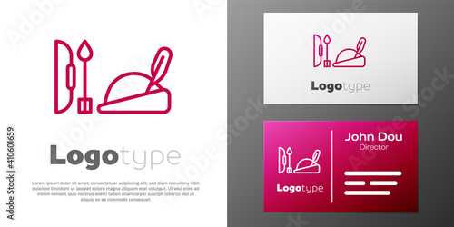 Logotype line Robin hood hat with feather, bow and arrow icon isolated on white background. Logo design template element. Vector.