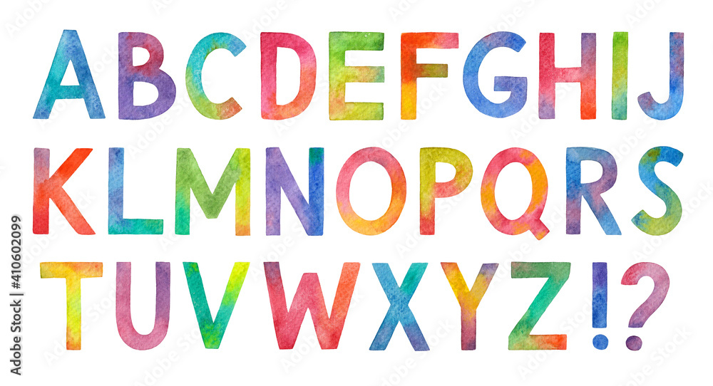 Colorful watercolor alphabet font. Rainbow hand draw letters illustration isolated on white background.