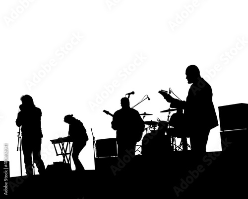 Rock band musicians on stage. Isolated silhouettes on a white background