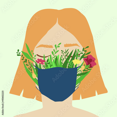 Quarantine illustration flower mask. Woman in a facial masque with spring flowers. Worldwide epidemic. Healthcare ecology illustration for web and print design