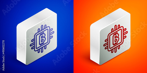 Isometric line CPU mining farm icon isolated on blue and orange background. Bitcoin sign inside processor. Cryptocurrency mining community. Digital money. Silver square button. Vector.