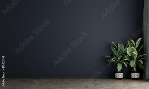 Interior design mock up of empty living room , wooden floor, plants, neutral room divider, decoration and elegant accessories, Modern home decor, blue wall, 3D rendering