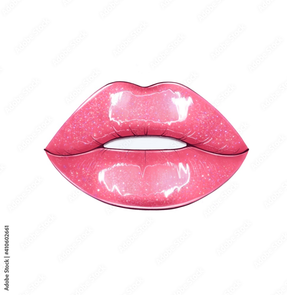 Sexy female glossy lips with glitter isolated on white background. Hand