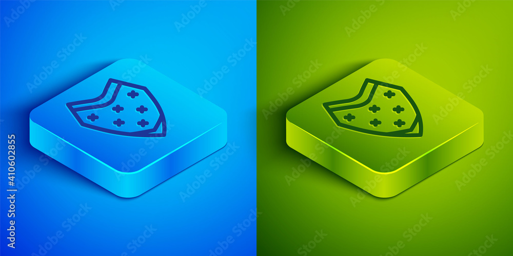 Isometric line Traditional mexican poncho clothing icon isolated on blue and green background. Square button. Vector. Isometric line Traditional mexican poncho clothing icon isolated on blue and green background. Square button. Vector.