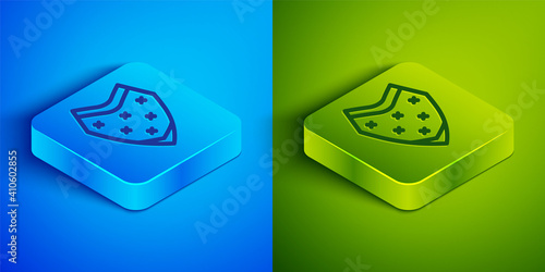 Isometric line Traditional mexican poncho clothing icon isolated on blue and green background. Square button. Vector.