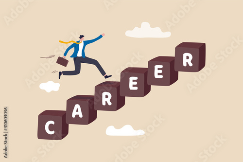 Career development, personal development or job promotion, work experience and responsibility growth concept, smart confident businessman running fast on career stairway rising up to achieve success.