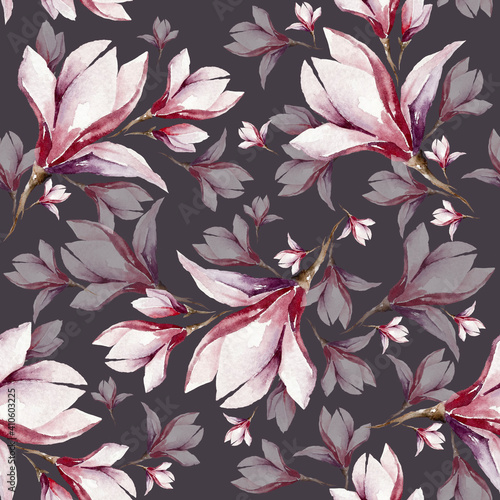 watercolor pink magnolia seamless pattern