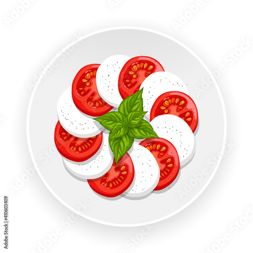 Traditional italian caprese salad with tomato, mozzarella and basil. Mediterranean diet food. Top view isolated on white