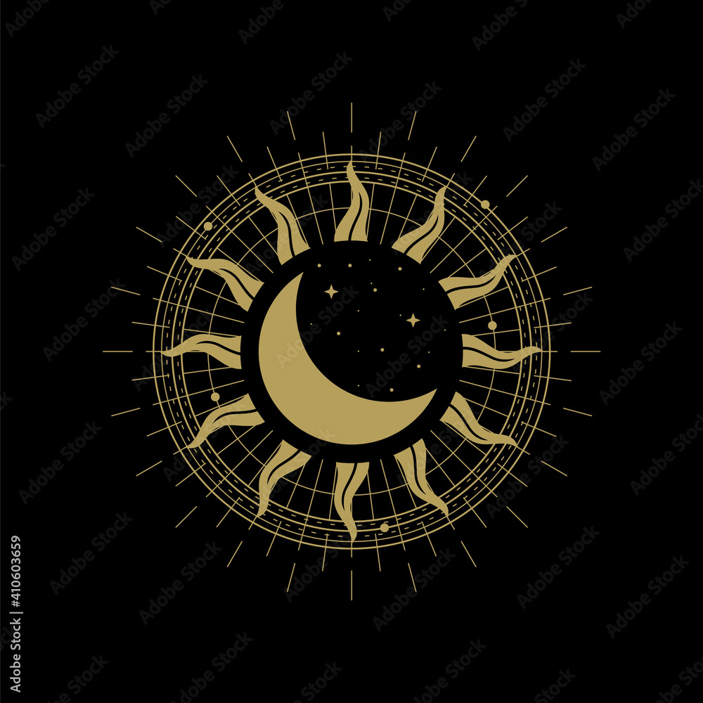 Sun and moon decorated with orbits of stars or planets. Abstract engraving illustration with esoteric, boho, spiritual, geometric, astrology, magic themes, for tarot reader, card or posters - obrazy, fototapety, plakaty 