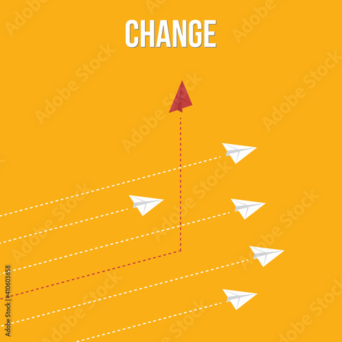 Think differently concept. Red airplane changing direction. Vector illustration.