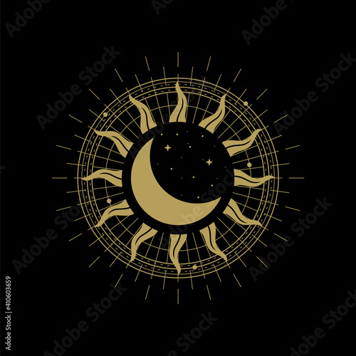 Sun and moon decorated with orbits of stars or planets. Abstract engraving illustration with esoteric, boho, spiritual, geometric, astrology, magic themes, for tarot reader, card or posters