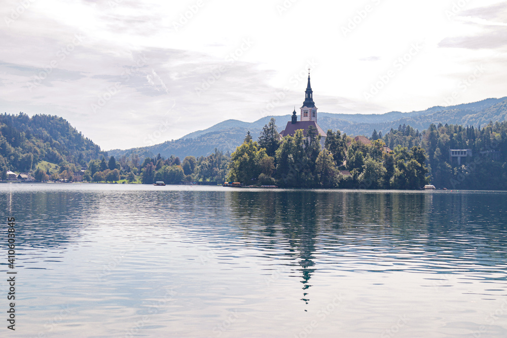 Panoramic view of Pilgrimage Church of the Assumption of Maria on Lake Bled, Slovenia