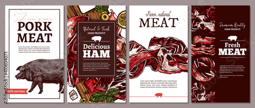 Collection of cards, posters, labels or tags for meat farm natural products. Templates with jamon, ham, fresh pork and pig. Trendy design with sketch illustrations