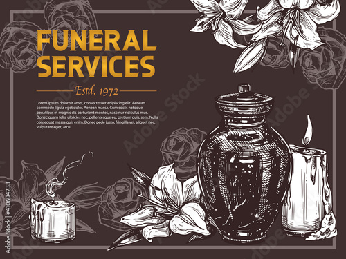 Funeral service vector hand drawn design of poster. Sketch illustration for condolence card and advertising of columbarium and cemetry with urn for ashes, flowers, candels and white lilies