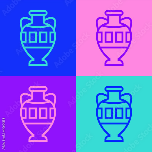 Pop art line Ancient amphorae icon isolated on color background. Vector.