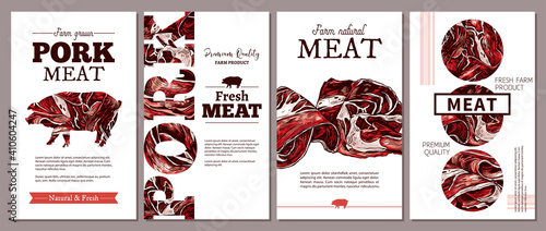 Layouts of cards, posters, labels or tags for meat farm natural products. Templates with jamon, ham, fresh pork. Trendy design with sketch illustrations