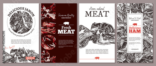 Natural farm meat design of cards, posters, labels or tags. Templates with hand drawn jamon, ham, pork. Layouts with sketch illustrations