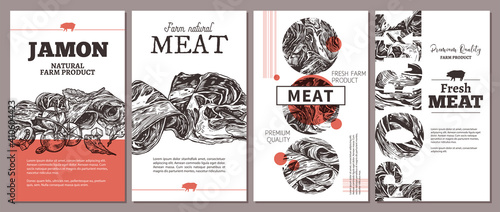 Trendy modern design for meat farm natural products - cards, posters, labels or tags . Templates with jamon, ham, pork. Layouts with hand drawn sketch illustrations