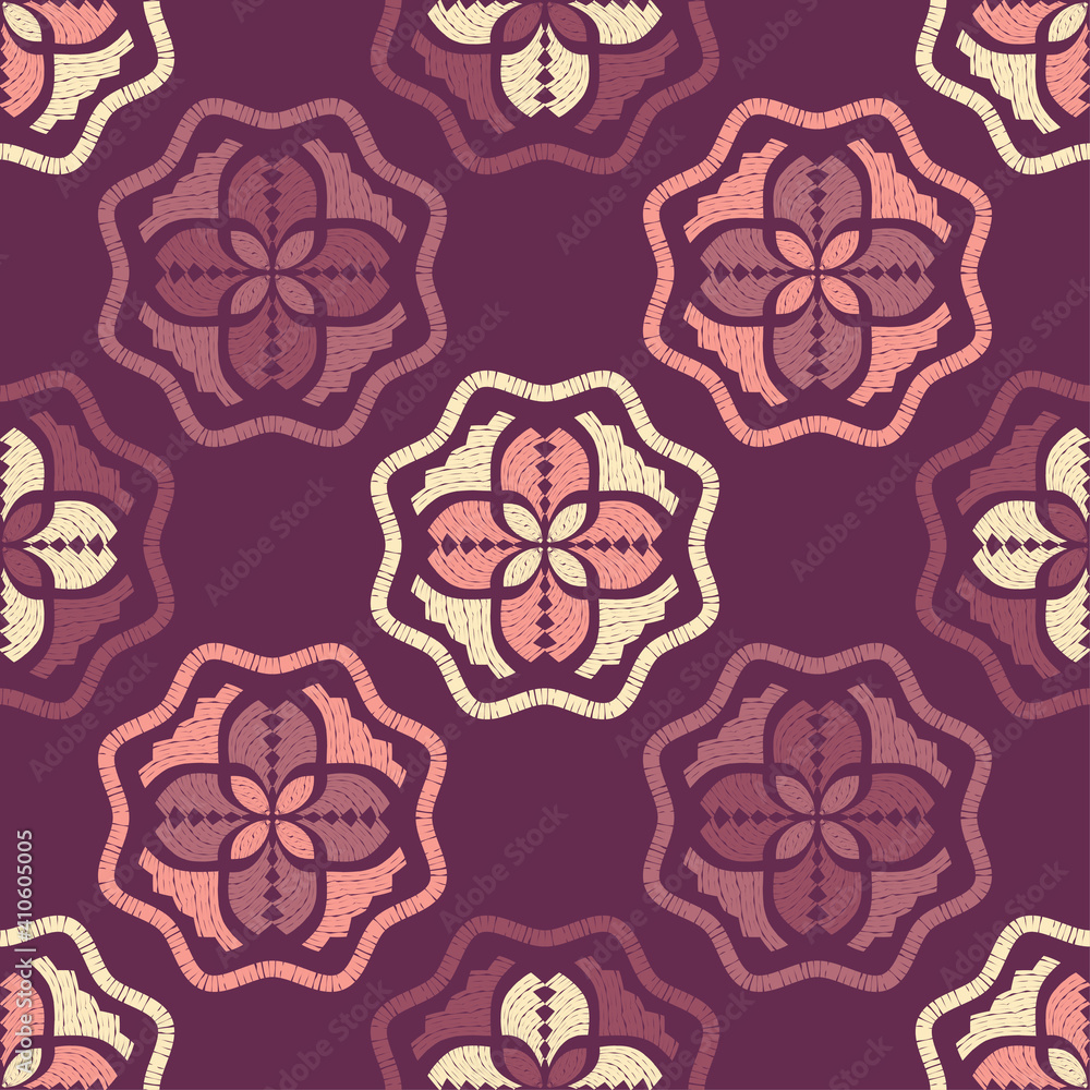 Decorative flowers. Seamless pattern. Design with manual hatching. Textile. Ethnic boho ornament. Vector illustration for web design or print.