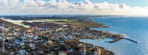 Panoramic landscape over fishing village Molle with harbour on the Swedish West Coast.