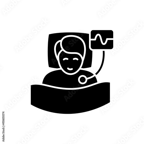 Polysomnography glyph icon. Heart, sleep examination. Healthy sleeping concept. Cardiac problems treatment. Examination during sleep.Filled flat sign. Isolated silhouette vector illustration